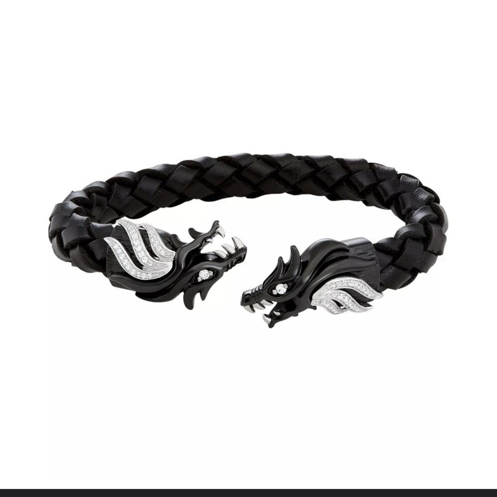 Black Leather Stainless Steel Cz Encrusted Dragon Bracelet Mens Unisex